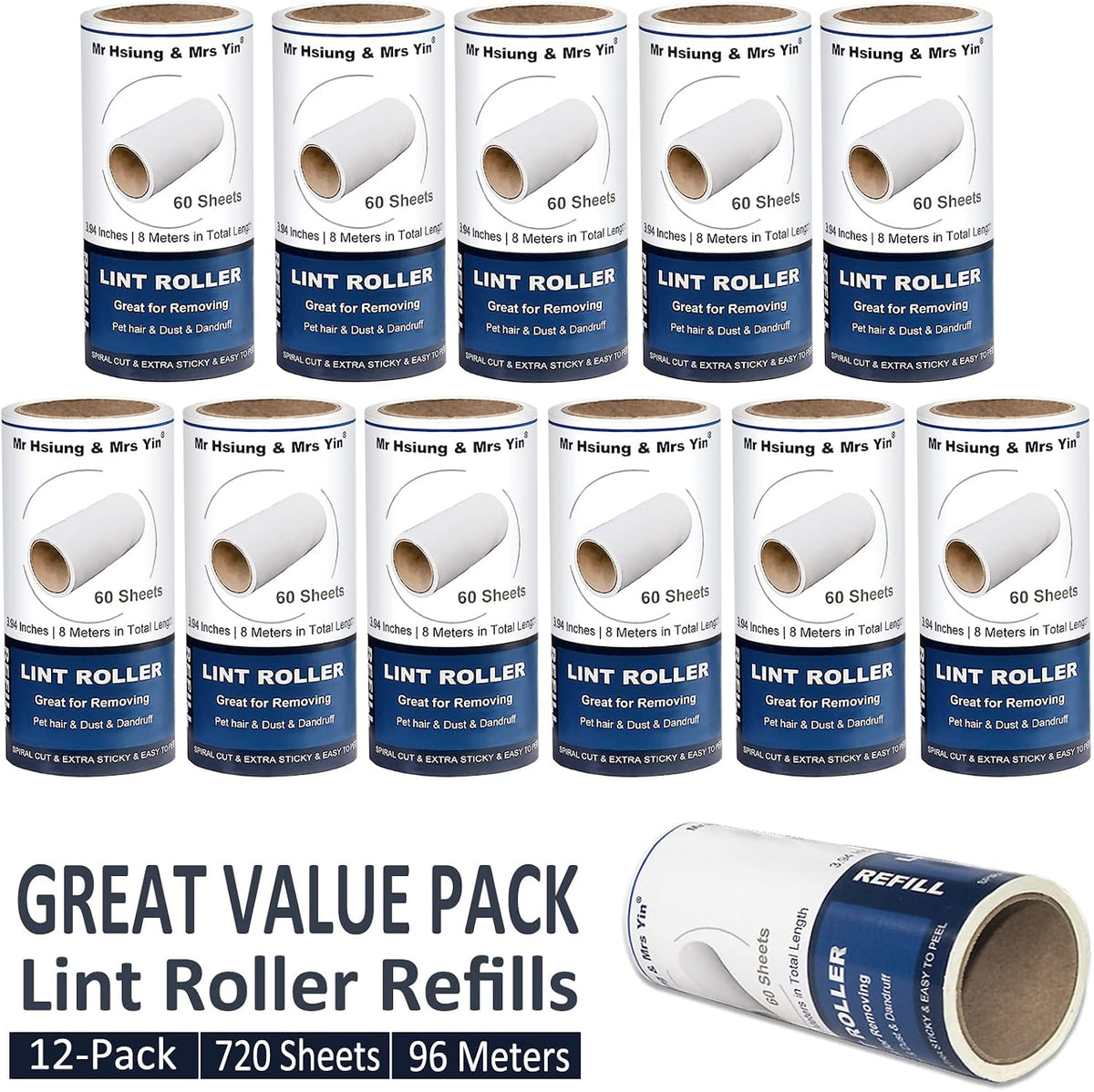 720 Sheets Lint Roller Refills (12 Pack) – Extra Sticky Refills for Lint Roller, Clothes & Pet Hair Removal, Dog Hair Remover, Lint Brush – Value Pack, Great Value for Money