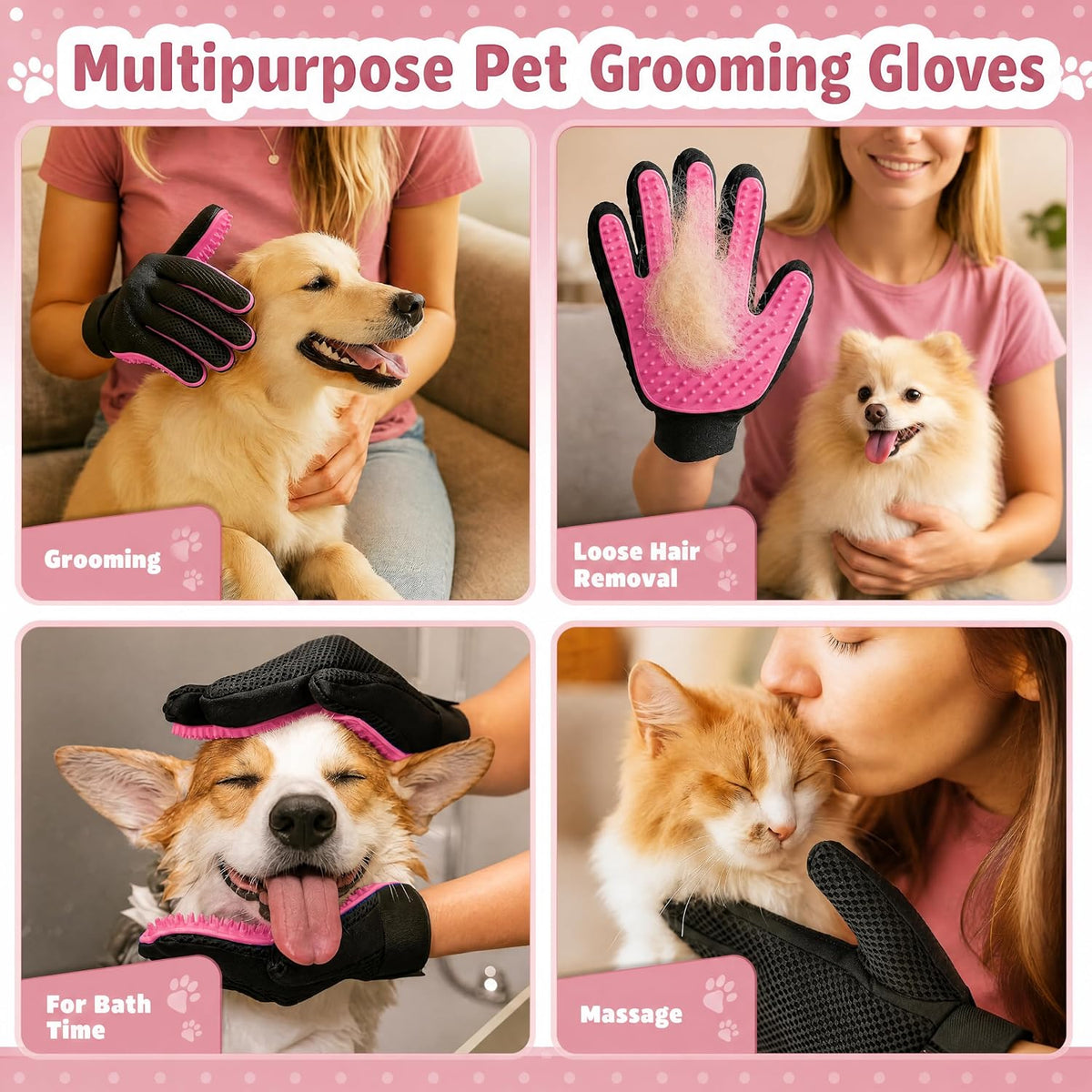 Pet Dog Cat Grooming Glove,Gentle Deshedding Brush Glove,Efficient Pet Hair Remover Mitt,Massage Tool with Enhanced Five Finger Design,For Dogs,Cats,Rabbits,Horses with Long/Short Fur,1 Pair