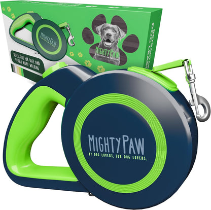 Retractable Dog Lead 2.0 | 5 M Heavy Duty Reflective Extendable Dog Lead for Pets up to 22 Kg. Tangle Free Design W/One Touch Quick-Lock Braking System & Anti-Slip Handle. (Green/Lite)