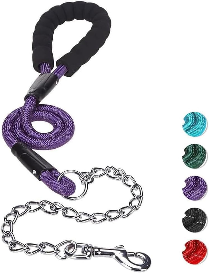 anti Chew Dog Lead - Heavy Duty Rope Dog Leash with No Bite Chain and Soft Padded Handle, No Tangle Strong Leash with Reflective Threads