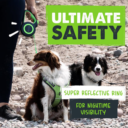 Retractable Dog Lead 2.0 | 5 M Heavy Duty Reflective Extendable Dog Lead for Pets up to 22 Kg. Tangle Free Design W/One Touch Quick-Lock Braking System & Anti-Slip Handle. (Green/Lite)