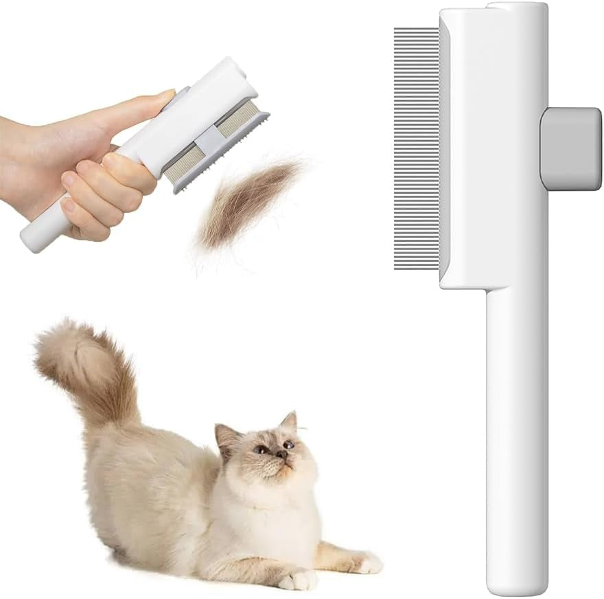 Flea Combs for Cats Dogs, Self-Cleaning Cat Flea Comb for Long & Short Hair Pets, Cat Grooming Brush with Release Button & Metal round Teeth for Massage, Shedding Tangles & Removal Loose Hair