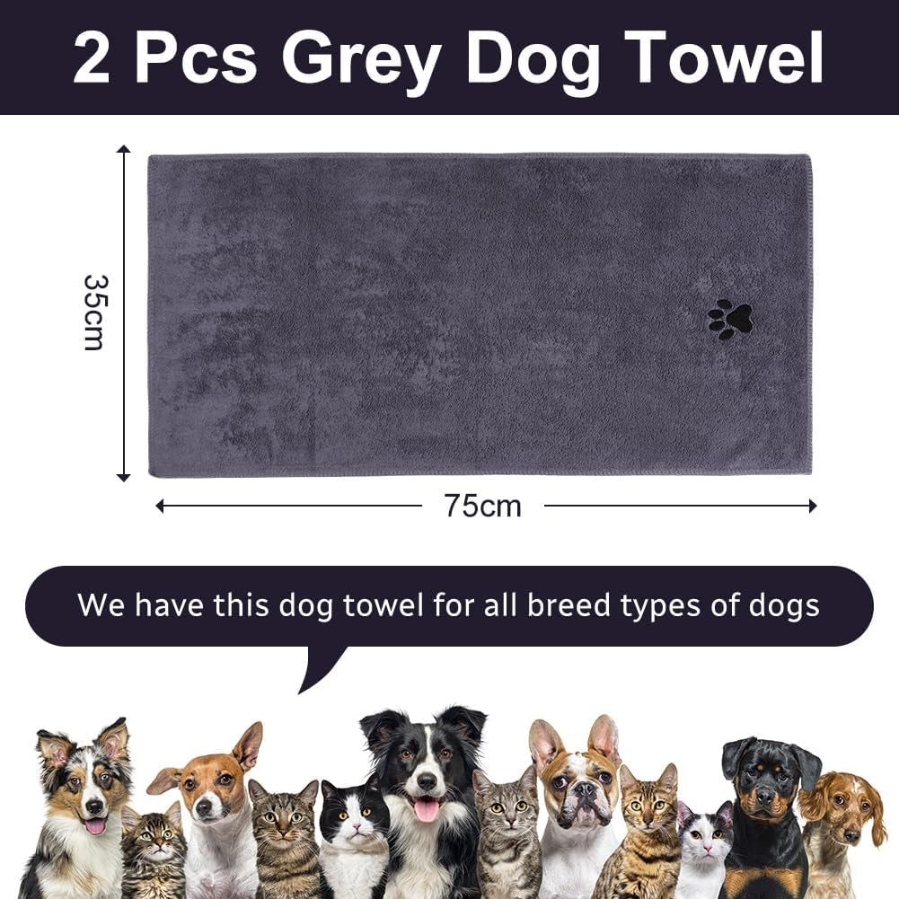 2 Pcs Microfiber Dog Towel, Soft Luxury Super Absorbent Dog Towel, Dries Pets Quickly, Machine Wash, Hand Washing and Dry, Bath Towel for All Breeds Dogs and Cats (75X35Cm, Grey)