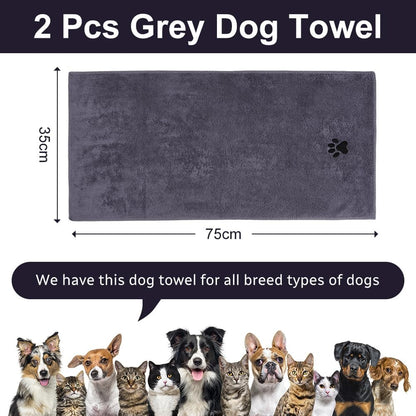 2 Pcs Microfiber Dog Towel, Soft Luxury Super Absorbent Dog Towel, Dries Pets Quickly, Machine Wash, Hand Washing and Dry, Bath Towel for All Breeds Dogs and Cats (75X35Cm, Grey)