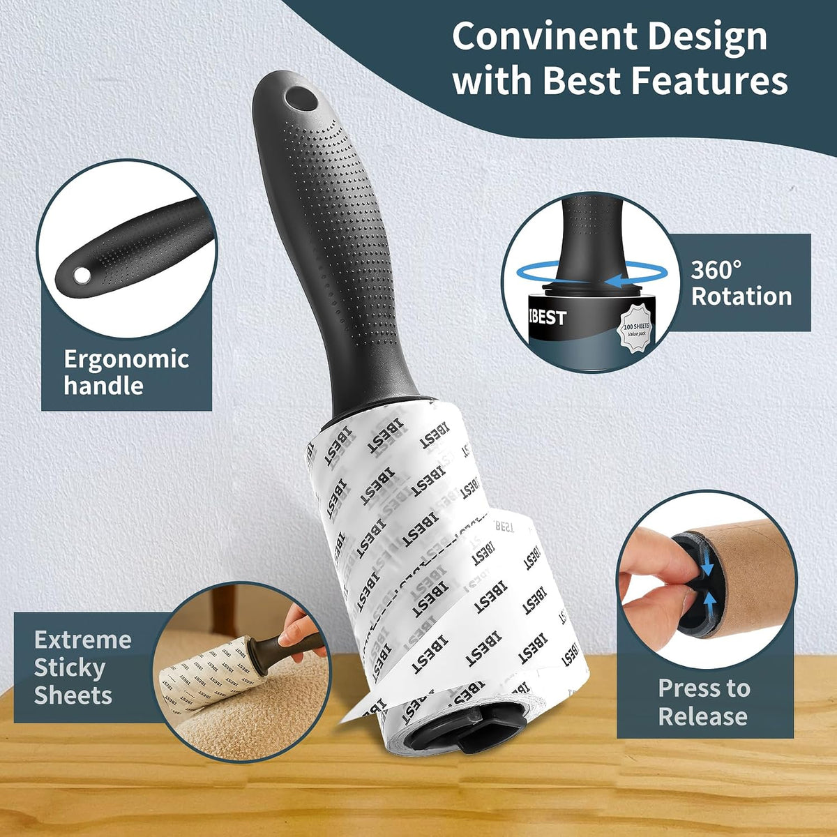 Ibest UK Lint Roller for Clothes and Pet Hair, 3 Reusable Refills, 100 Extra Sticky Easy Peel Sheets, Lint Remover for Carpet, Sofa and Car Seats