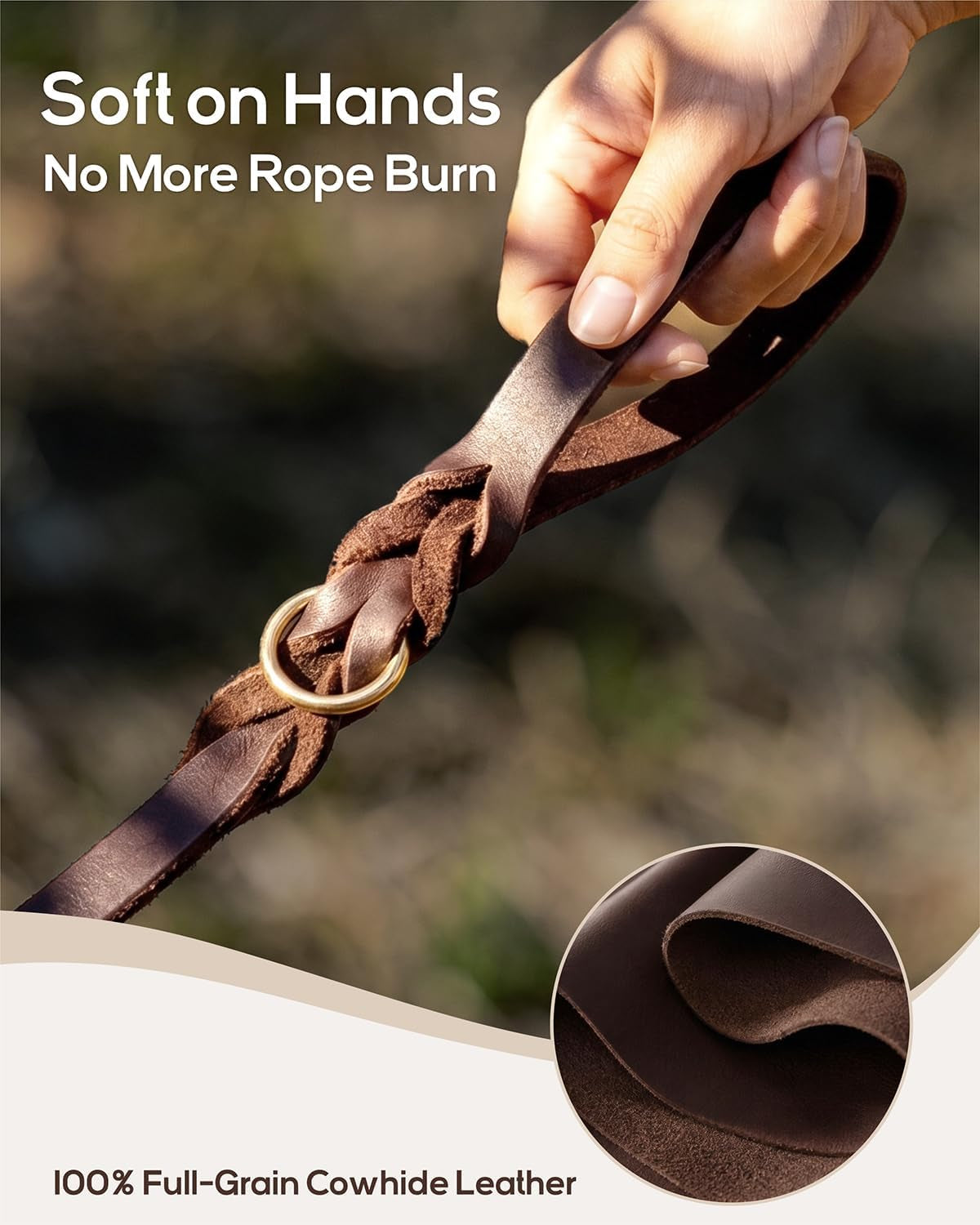 Leather Dog Lead for Large Medium Dogs, Hand-Braided, 180Cm Brown