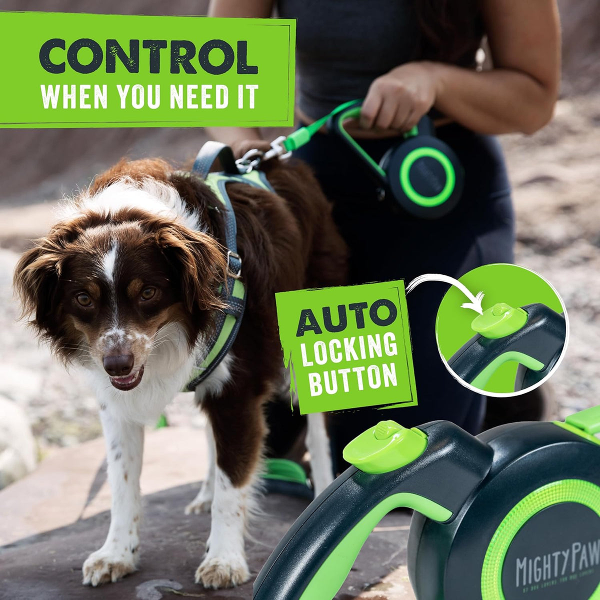 Retractable Dog Lead 2.0 | 5 M Heavy Duty Reflective Extendable Dog Lead for Pets up to 22 Kg. Tangle Free Design W/One Touch Quick-Lock Braking System & Anti-Slip Handle. (Green/Lite)