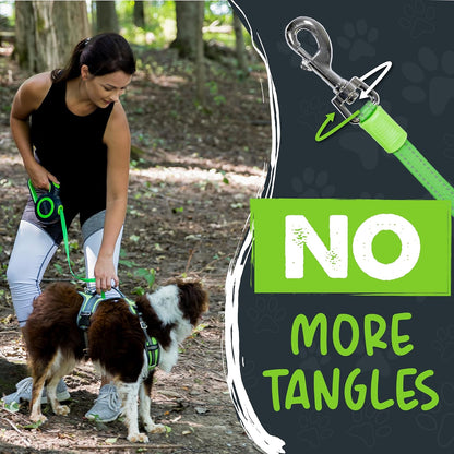Retractable Dog Lead 2.0 | 5 M Heavy Duty Reflective Extendable Dog Lead for Pets up to 22 Kg. Tangle Free Design W/One Touch Quick-Lock Braking System & Anti-Slip Handle. (Green/Lite)