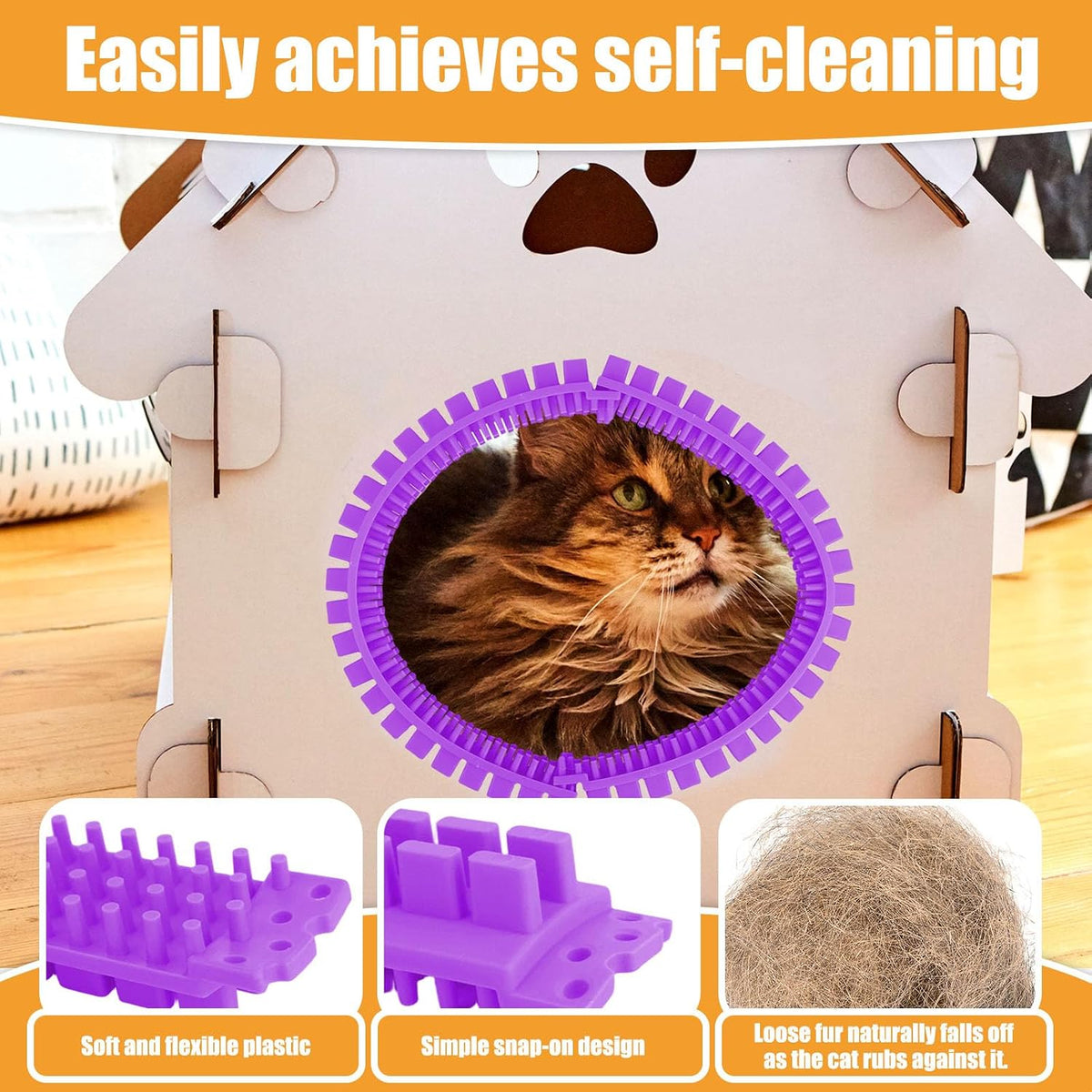 Cat Self Groomer Arch for Cardboard Boxes, DIY Tunnel Self-Grooming Brush Hole with Positioner Reduces Shedding Massage & Rubbing Toy for Indoor Cat Enrichment Fits Hideout Play Condo (Purple)