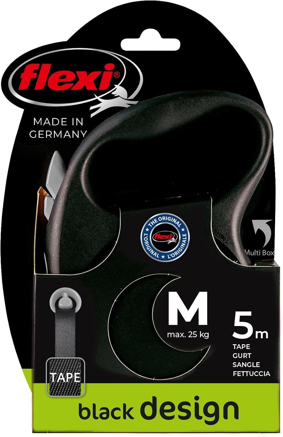 Flexi Black Design M | 5 M Retractable Tape Leash for Dogs up to 25 Kg | Black - Silver | Retractable Dog Lead | Weight: 240 G | Dimensions: 11.2 X 16.1 Cm