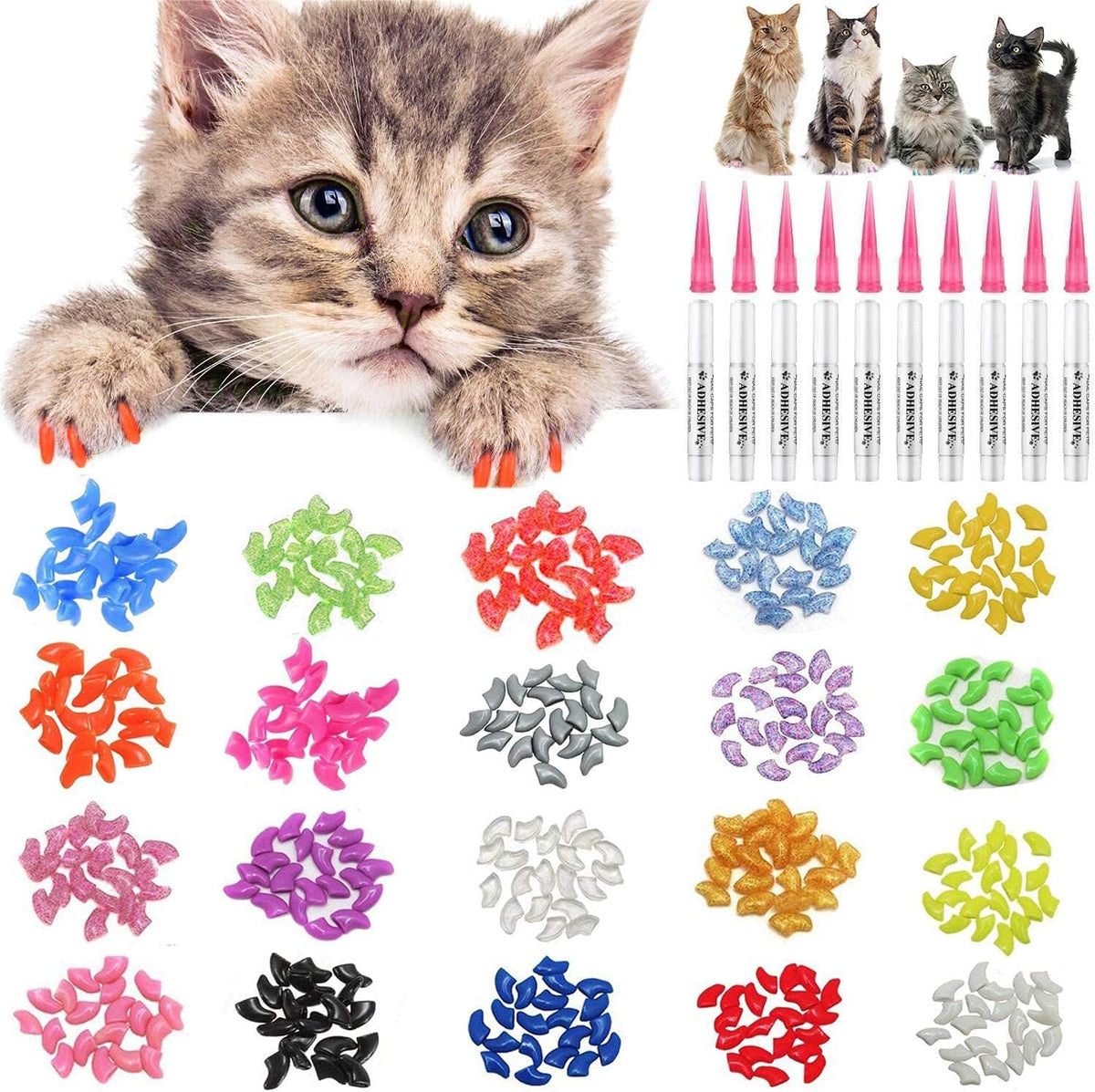 100Pcs Cat Nail Caps Pet Cat Claw Kitty Caps Control Soft Paws of 5 Different Colorful Nail Covers for Cats+ 5 Adhesive Glue+3 Applicator with Instruction, Extra Small XS