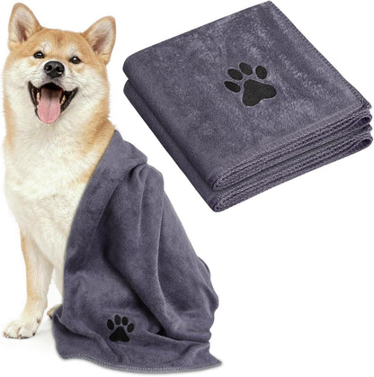 2 Pcs Microfiber Dog Towel, Soft Luxury Super Absorbent Dog Towel, Dries Pets Quickly, Machine Wash, Hand Washing and Dry, Bath Towel for All Breeds Dogs and Cats (75X35Cm, Grey)