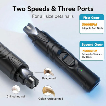 Professional Pet Nail Grinder with LED Light, Rechargeable Electric Dog Nail Trimmer, Silent Operation for Large Medium Small Dogs and Cats, Black