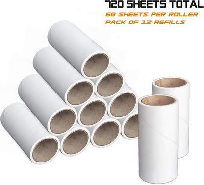 12 PCS Sticky Lint Roller Refills for Pet Hair, Clothes, Bedding, Dog, Cat Hair Remover, 720 Sheets Total