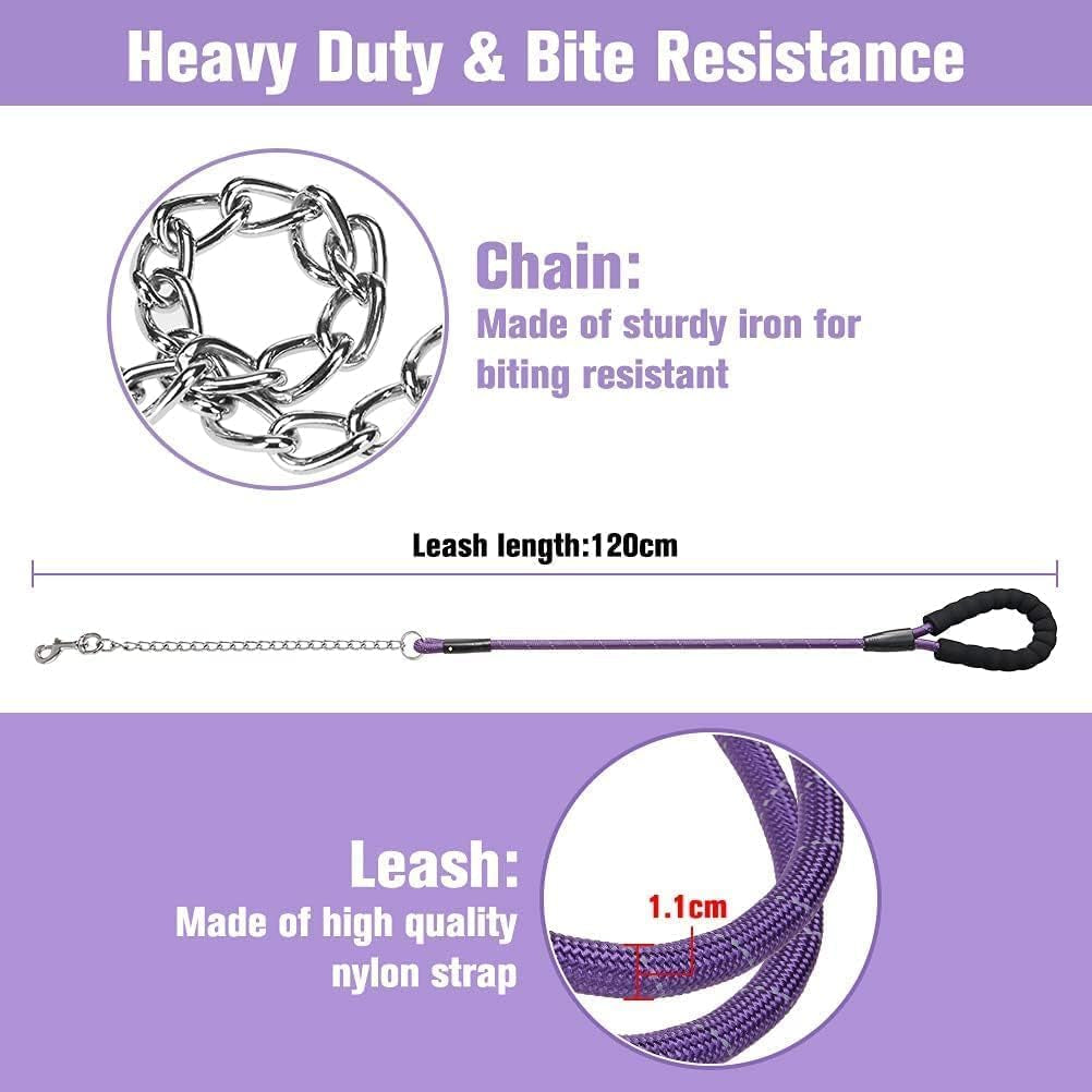 anti Chew Dog Lead - Heavy Duty Rope Dog Leash with No Bite Chain and Soft Padded Handle, No Tangle Strong Leash with Reflective Threads