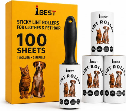 Ibest UK Lint Roller for Clothes and Pet Hair, 3 Reusable Refills, 100 Extra Sticky Easy Peel Sheets, Lint Remover for Carpet, Sofa and Car Seats