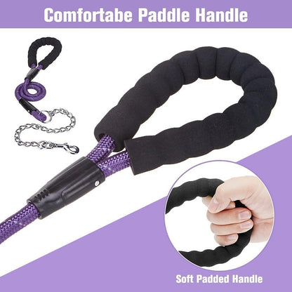 anti Chew Dog Lead - Heavy Duty Rope Dog Leash with No Bite Chain and Soft Padded Handle, No Tangle Strong Leash with Reflective Threads