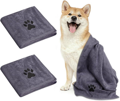 2 Pcs Microfiber Dog Towel, Soft Luxury Super Absorbent Dog Towel, Dries Pets Quickly, Machine Wash, Hand Washing and Dry, Bath Towel for All Breeds Dogs and Cats (75X35Cm, Grey)