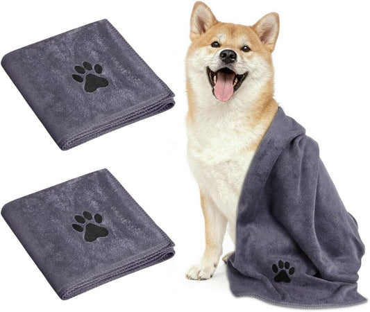 2 Pcs Microfiber Dog Towel, Soft Luxury Super Absorbent Dog Towel, Dries Pets Quickly, Machine Wash, Hand Washing and Dry, Bath Towel for All Breeds Dogs and Cats (75X35Cm, Grey)