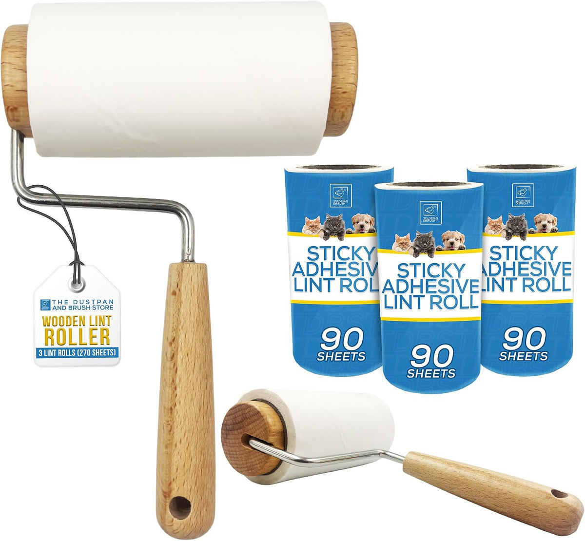 Wooden Lint Roller with 3 Reusable Hair Rollers Lint Remover for Cat and Dog Hair - Smooth Wooden Handle, More Sheets per Sticky Rolls, Perfect for Upholstery, Carpet, and Clothes
