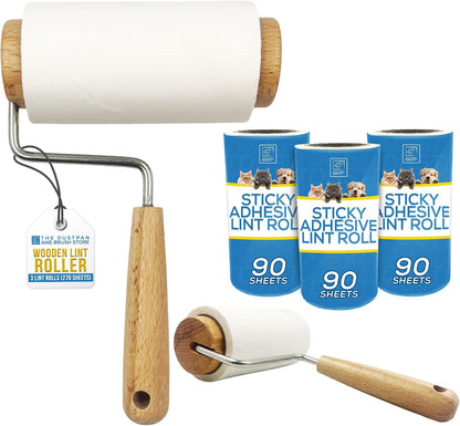 Wooden Lint Roller with 3 Reusable Hair Rollers Lint Remover for Cat and Dog Hair - Smooth Wooden Handle, More Sheets per Sticky Rolls, Perfect for Upholstery, Carpet, and Clothes
