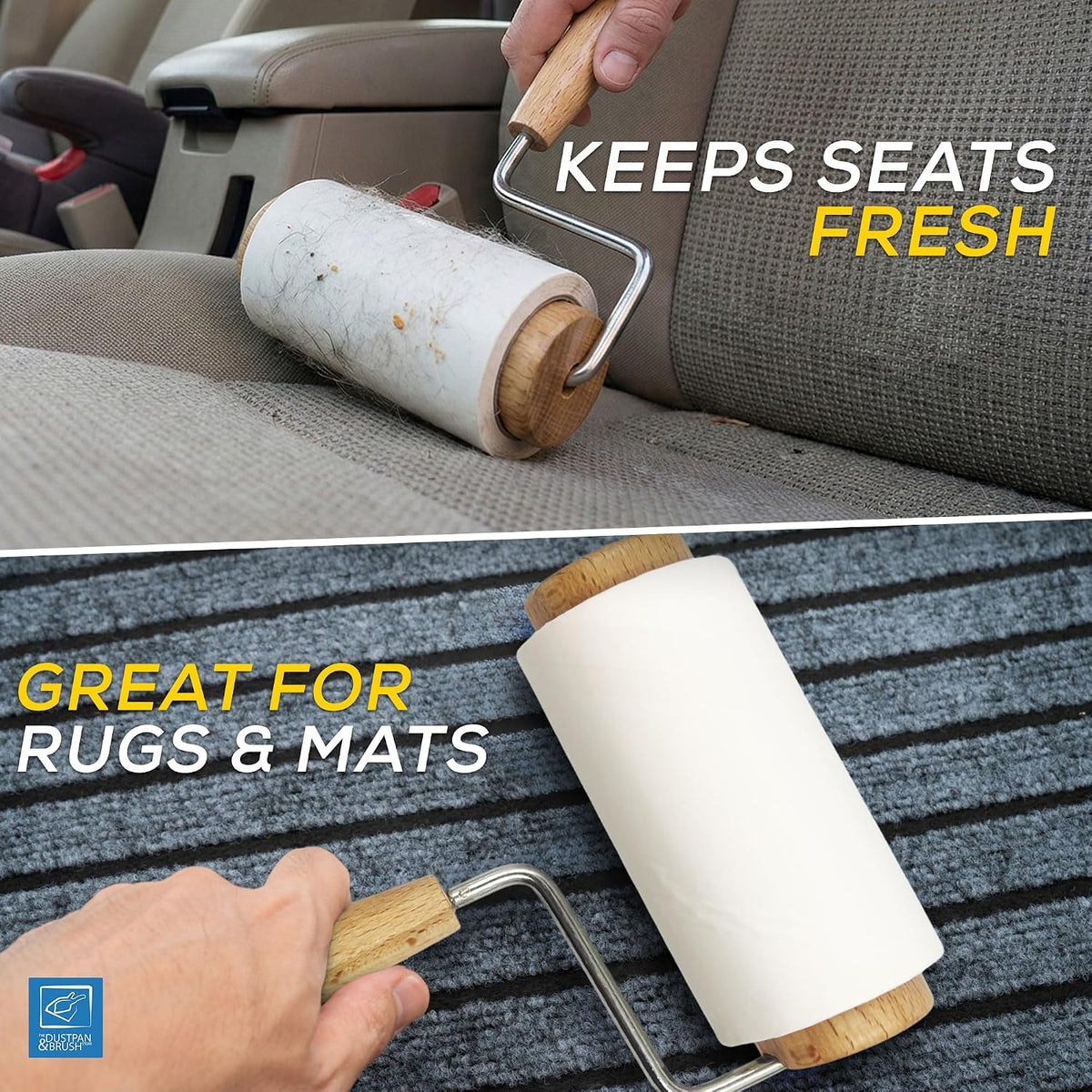 Wooden Lint Roller with 3 Reusable Hair Rollers Lint Remover for Cat and Dog Hair - Smooth Wooden Handle, More Sheets per Sticky Rolls, Perfect for Upholstery, Carpet, and Clothes