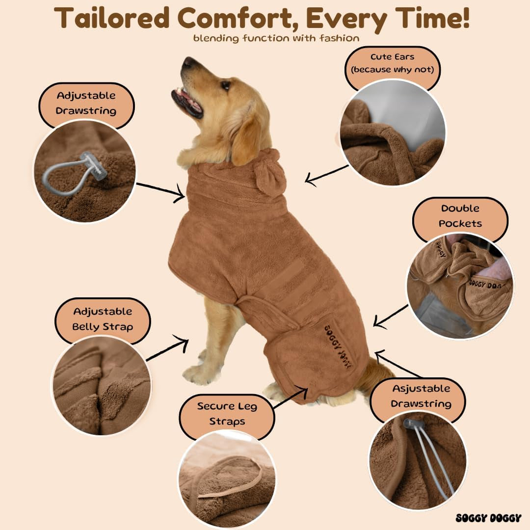 ® UK: Luxury Dog Drying Coat, Super Absorbent Microfibre Dog Drying Robe with Hood, Fast Dry in Minutes, Thick & Soft Robe - Bath, Groom & Travel, Covers Ears, All-Season Dressing Gown (L)