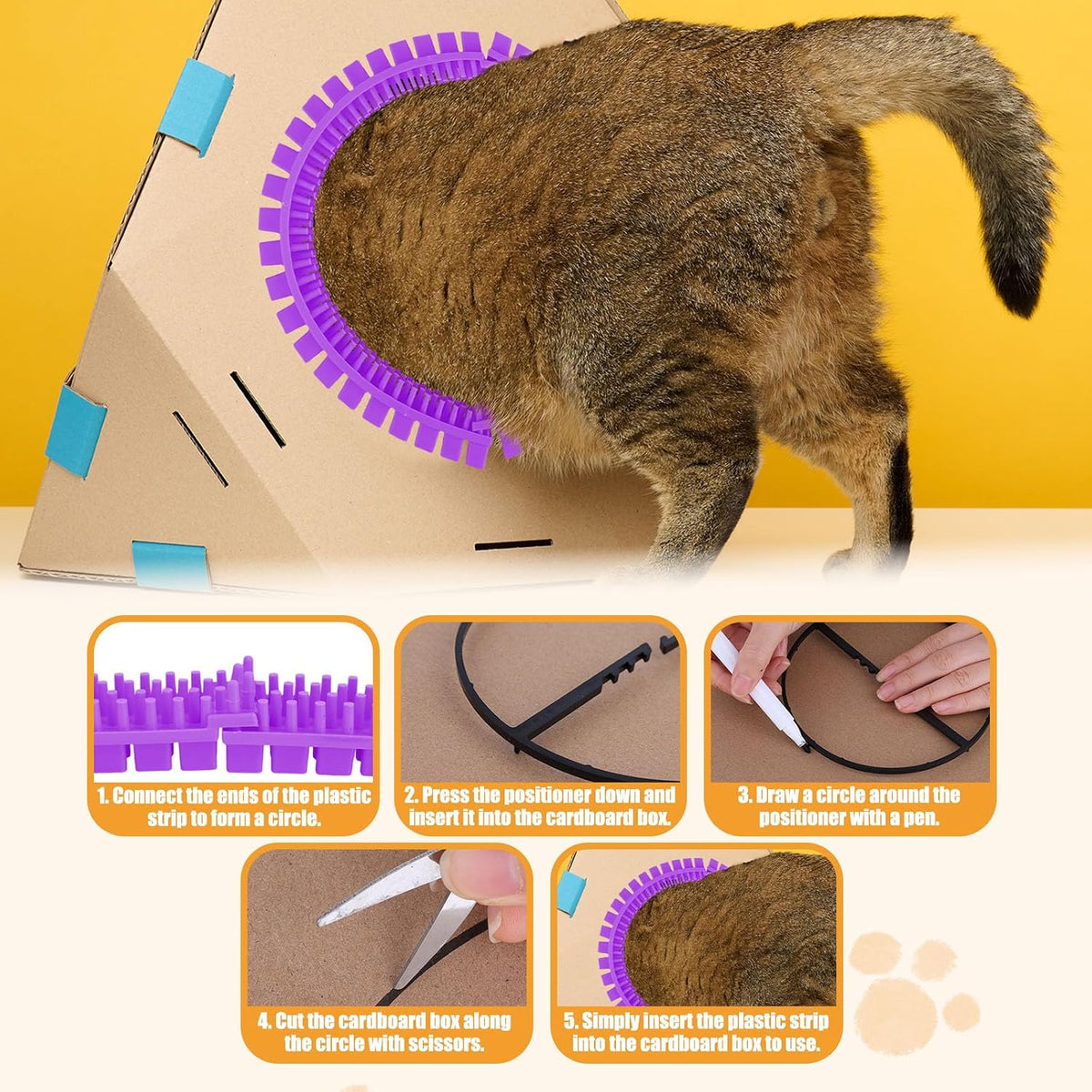Cat Self Groomer Arch for Cardboard Boxes, DIY Tunnel Self-Grooming Brush Hole with Positioner Reduces Shedding Massage & Rubbing Toy for Indoor Cat Enrichment Fits Hideout Play Condo (Purple)