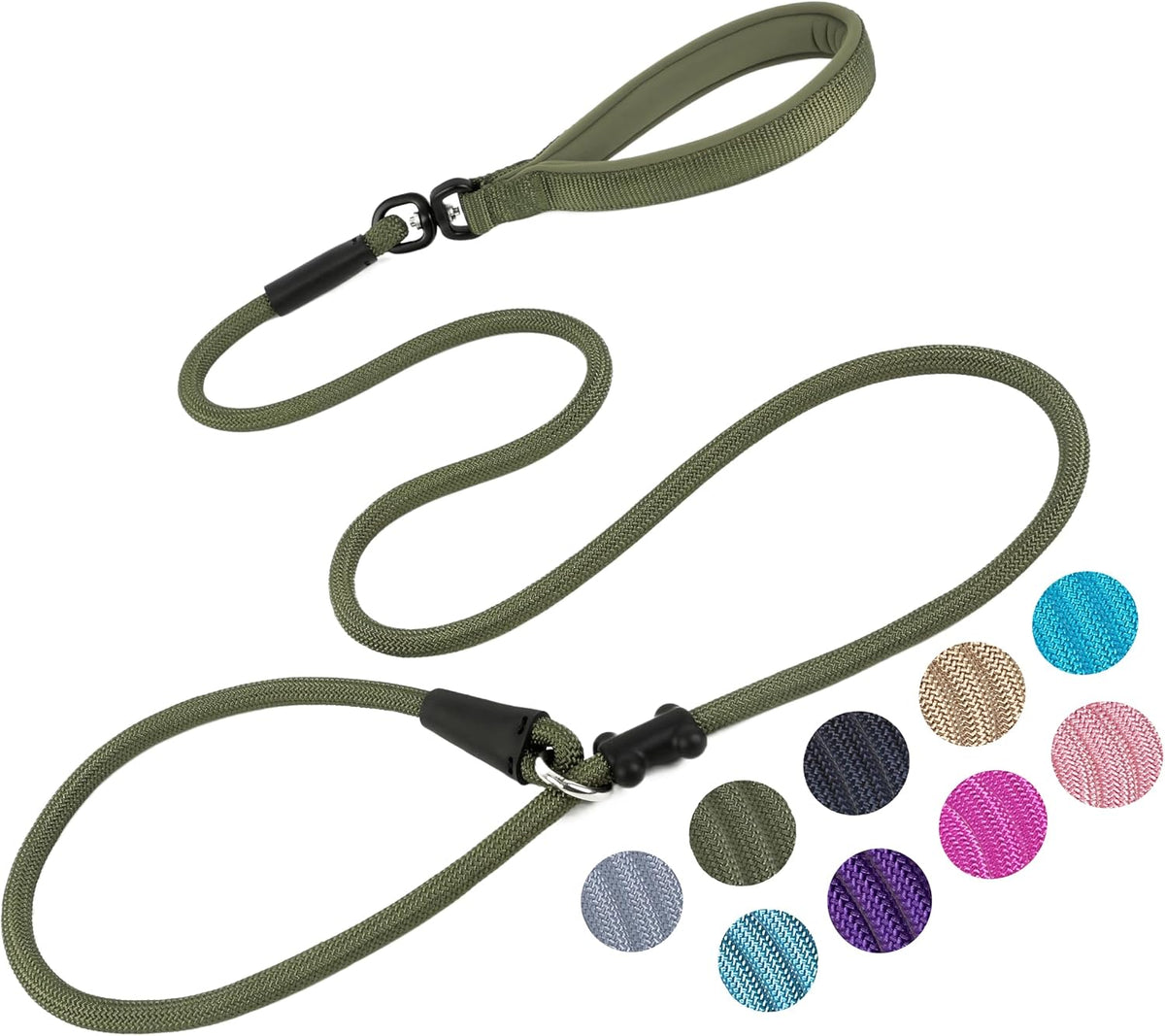 Slip Lead Dog Leash Strong Nylon Rope Leash with Comfortable Handles and Walking Training Lead for Small Medium Large Dogs (Army Green, 1/2"×6Ft)