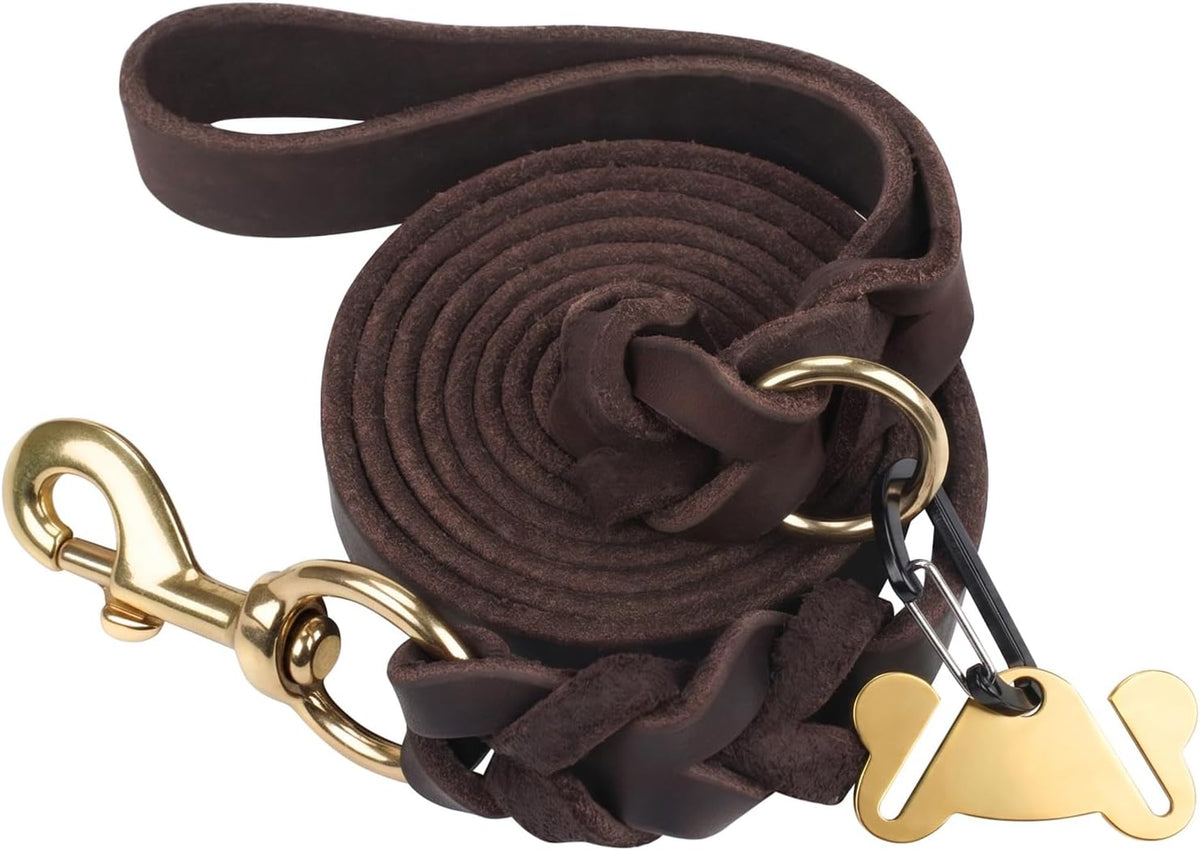 Leather Dog Lead for Large Medium Dogs, Hand-Braided, 180Cm Brown