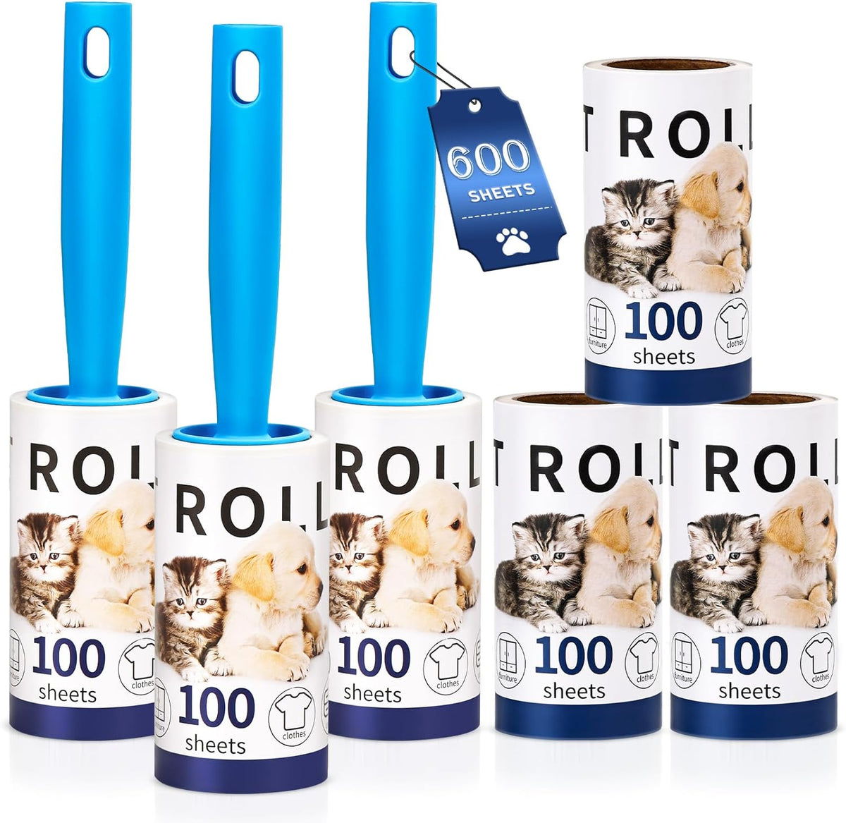Lint Rollers for Pet Hair Remover, 600 Sheets Mega Value Set, 3 Handle with 6 Extra Sticky Lint Rollers for Pet Hair Removal, Dog and Cat Lint Remover for Clothes, Furniture, Carpet