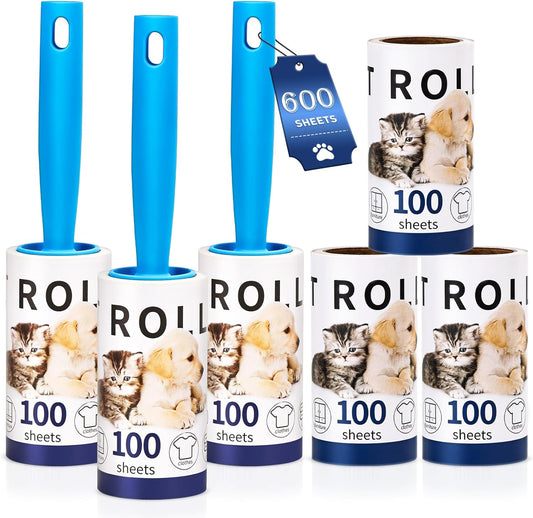 Lint Rollers for Pet Hair Remover, 600 Sheets Mega Value Set, 3 Handle with 6 Extra Sticky Lint Rollers for Pet Hair Removal, Dog and Cat Lint Remover for Clothes, Furniture, Carpet