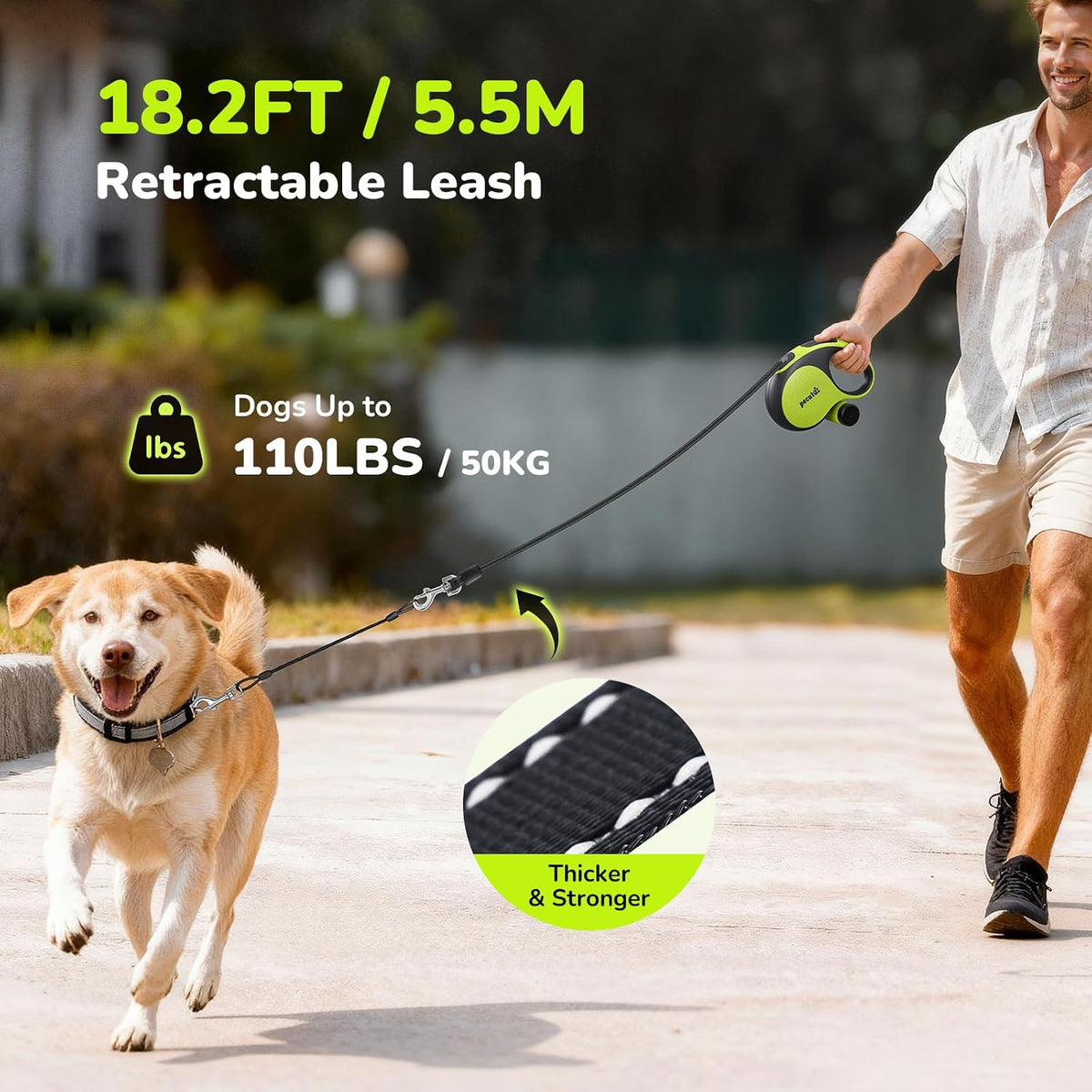 5M Retractable Dog Lead with Chew-Proof Cable, One-Button Control & Tangle-Free, Sturdy Nylon Lead with Reflective Strips, Ergonomic Handle, Extendable Dog Lead for Medium Large Dogs up to 50 Kg