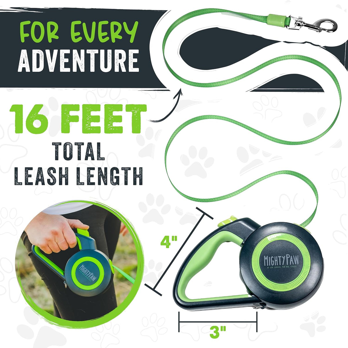 Retractable Dog Lead 2.0 | 5 M Heavy Duty Reflective Extendable Dog Lead for Pets up to 22 Kg. Tangle Free Design W/One Touch Quick-Lock Braking System & Anti-Slip Handle. (Green/Lite)
