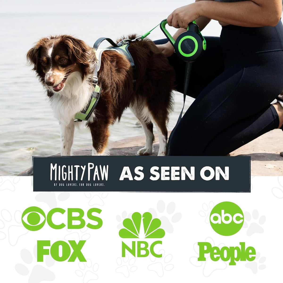 Retractable Dog Lead 2.0 | 5 M Heavy Duty Reflective Extendable Dog Lead for Pets up to 22 Kg. Tangle Free Design W/One Touch Quick-Lock Braking System & Anti-Slip Handle. (Green/Lite)