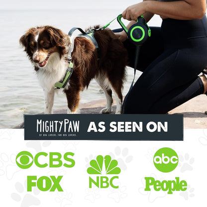 Retractable Dog Lead 2.0 | 5 M Heavy Duty Reflective Extendable Dog Lead for Pets up to 22 Kg. Tangle Free Design W/One Touch Quick-Lock Braking System & Anti-Slip Handle. (Green/Lite)