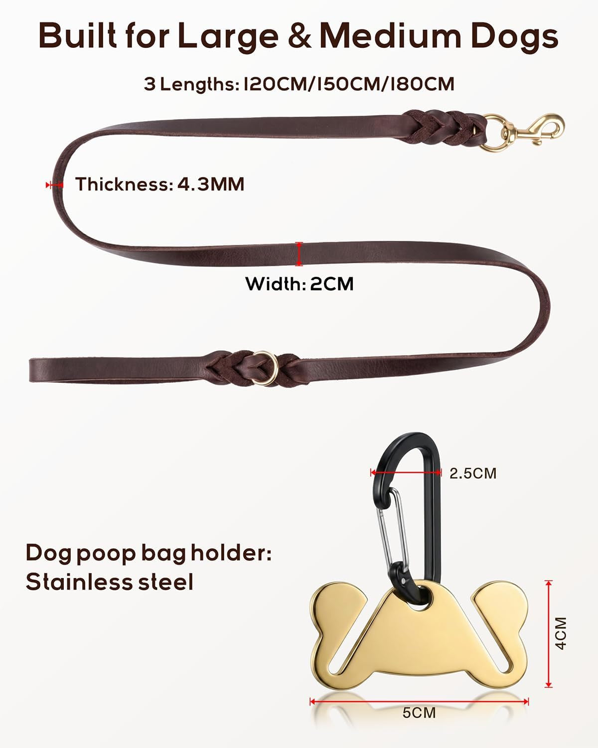 Leather Dog Lead for Large Medium Dogs, Hand-Braided, 180Cm Brown