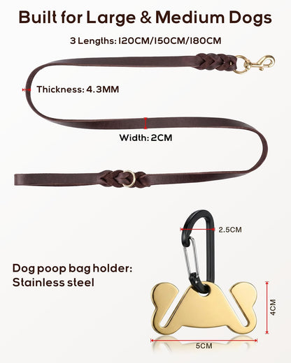 Leather Dog Lead for Large Medium Dogs, Hand-Braided, 180Cm Brown