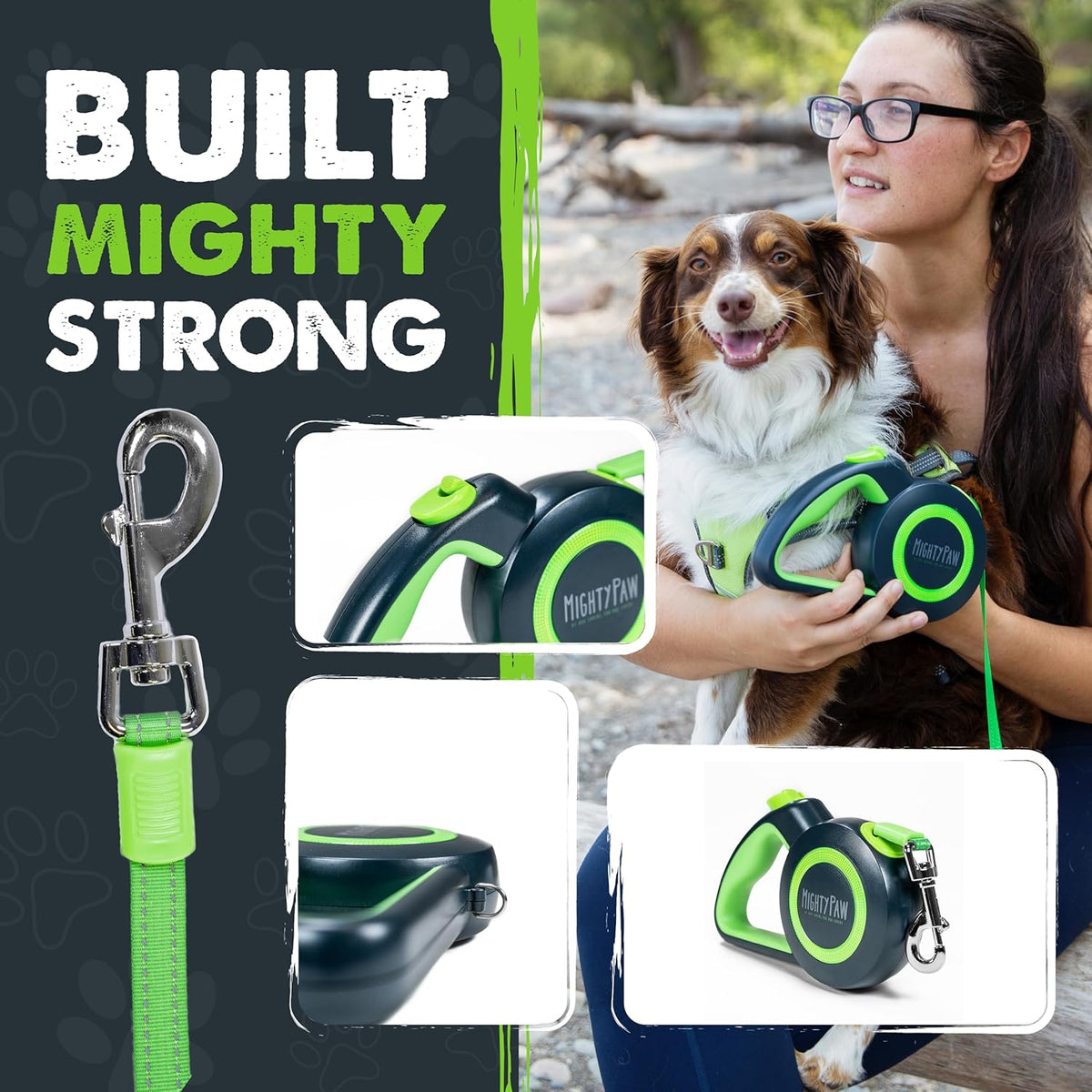 Retractable Dog Lead 2.0 | 5 M Heavy Duty Reflective Extendable Dog Lead for Pets up to 22 Kg. Tangle Free Design W/One Touch Quick-Lock Braking System & Anti-Slip Handle. (Green/Lite)