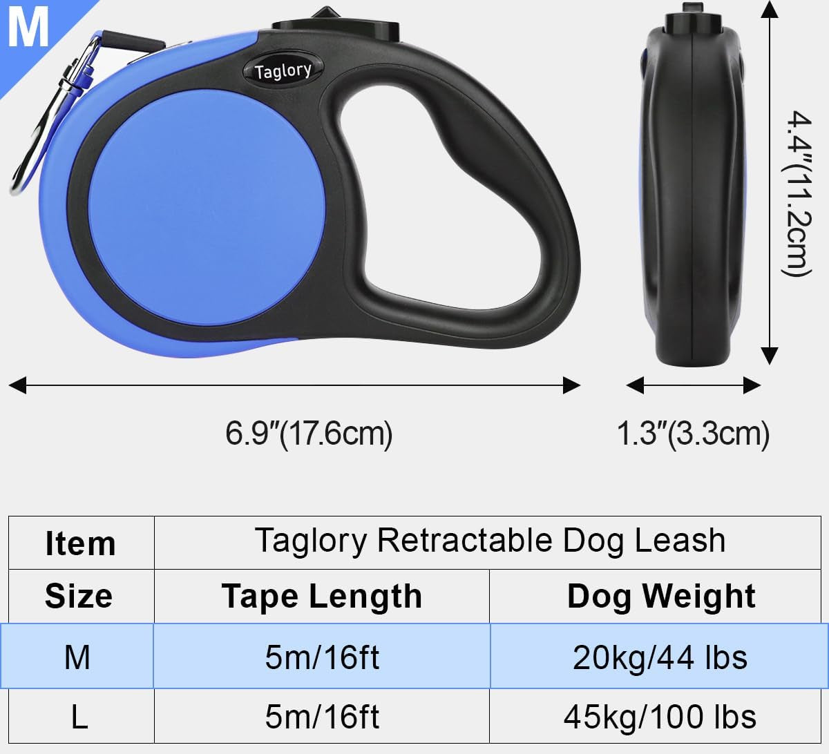 Retractable Dog Lead for Small Medium Dogs up to 20KG, 5M, Blue