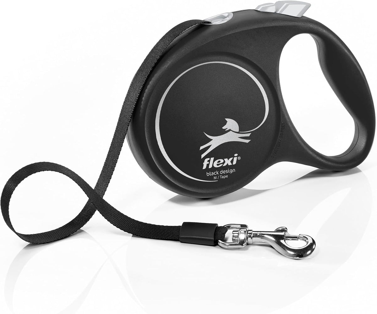 Flexi Black Design M | 5 M Retractable Tape Leash for Dogs up to 25 Kg | Black - Silver | Retractable Dog Lead | Weight: 240 G | Dimensions: 11.2 X 16.1 Cm