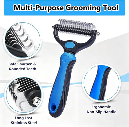 Dematting Comb for Dog and Cat, Double Sided Pet Grooming Tool Deshedding Brush, Horses Undercoat Rake for Long-Haired Pets, Removes Tangles, Mats and Loose Fur