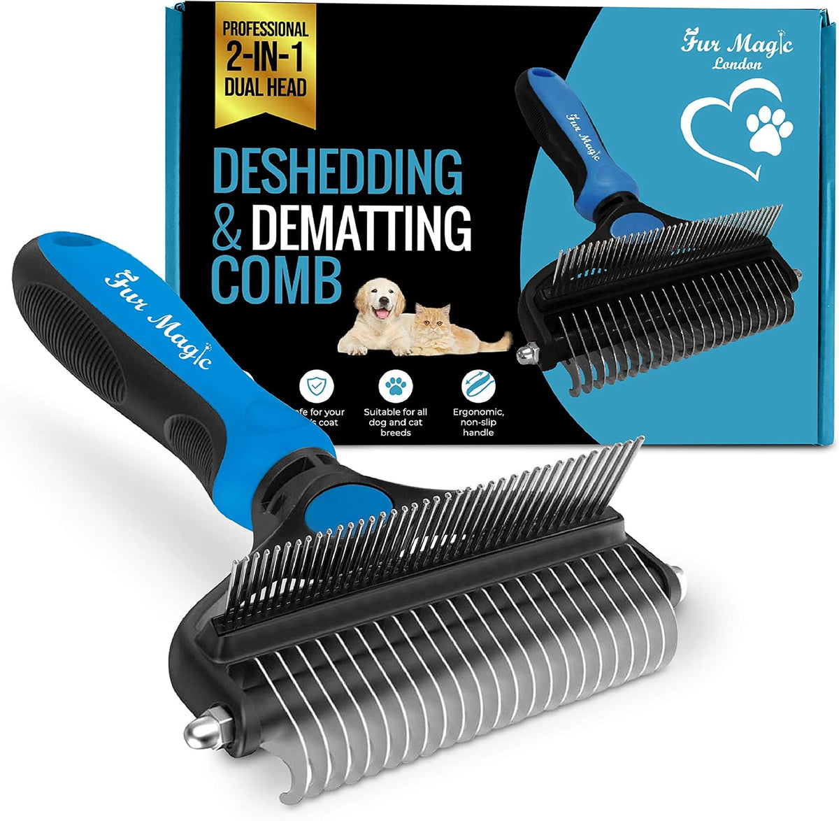 Deshedding & Dematting Comb, Grooming Brush 2-In-1 Undercoat Rake