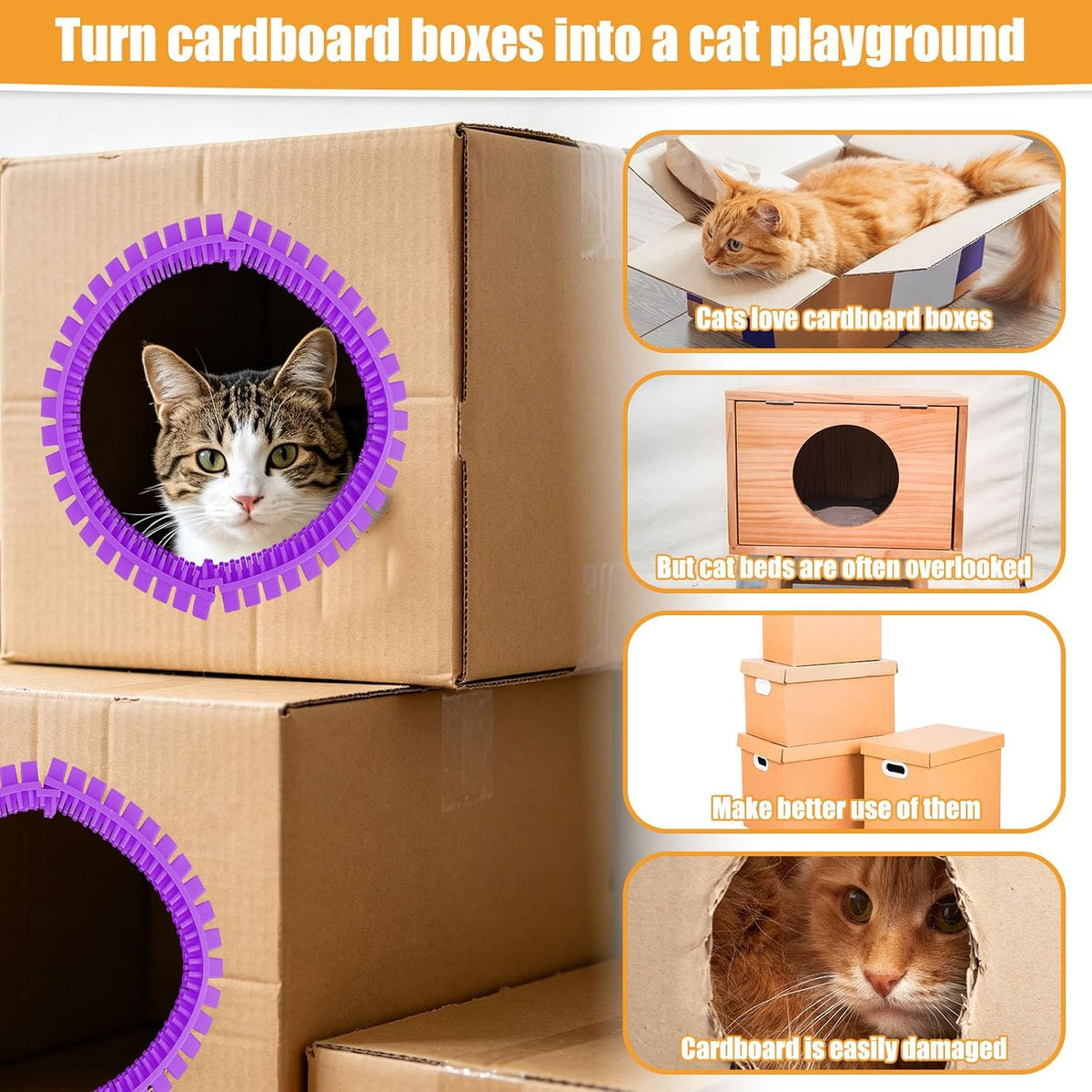 Cat Self Groomer Arch for Cardboard Boxes, DIY Tunnel Self-Grooming Brush Hole with Positioner Reduces Shedding Massage & Rubbing Toy for Indoor Cat Enrichment Fits Hideout Play Condo (Purple)