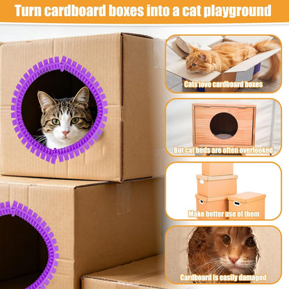 Cat Self Groomer Arch for Cardboard Boxes, DIY Tunnel Self-Grooming Brush Hole with Positioner Reduces Shedding Massage & Rubbing Toy for Indoor Cat Enrichment Fits Hideout Play Condo (Purple)