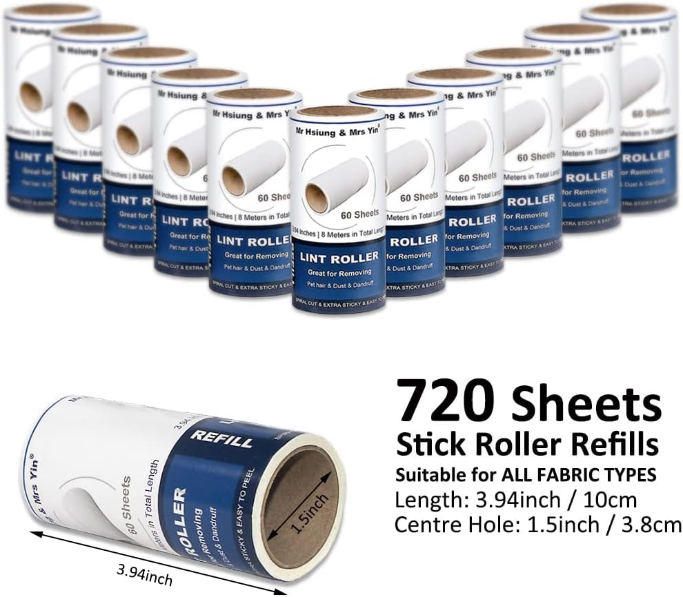 720 Sheets Lint Roller Refills (12 Pack) – Extra Sticky Refills for Lint Roller, Clothes & Pet Hair Removal, Dog Hair Remover, Lint Brush – Value Pack, Great Value for Money