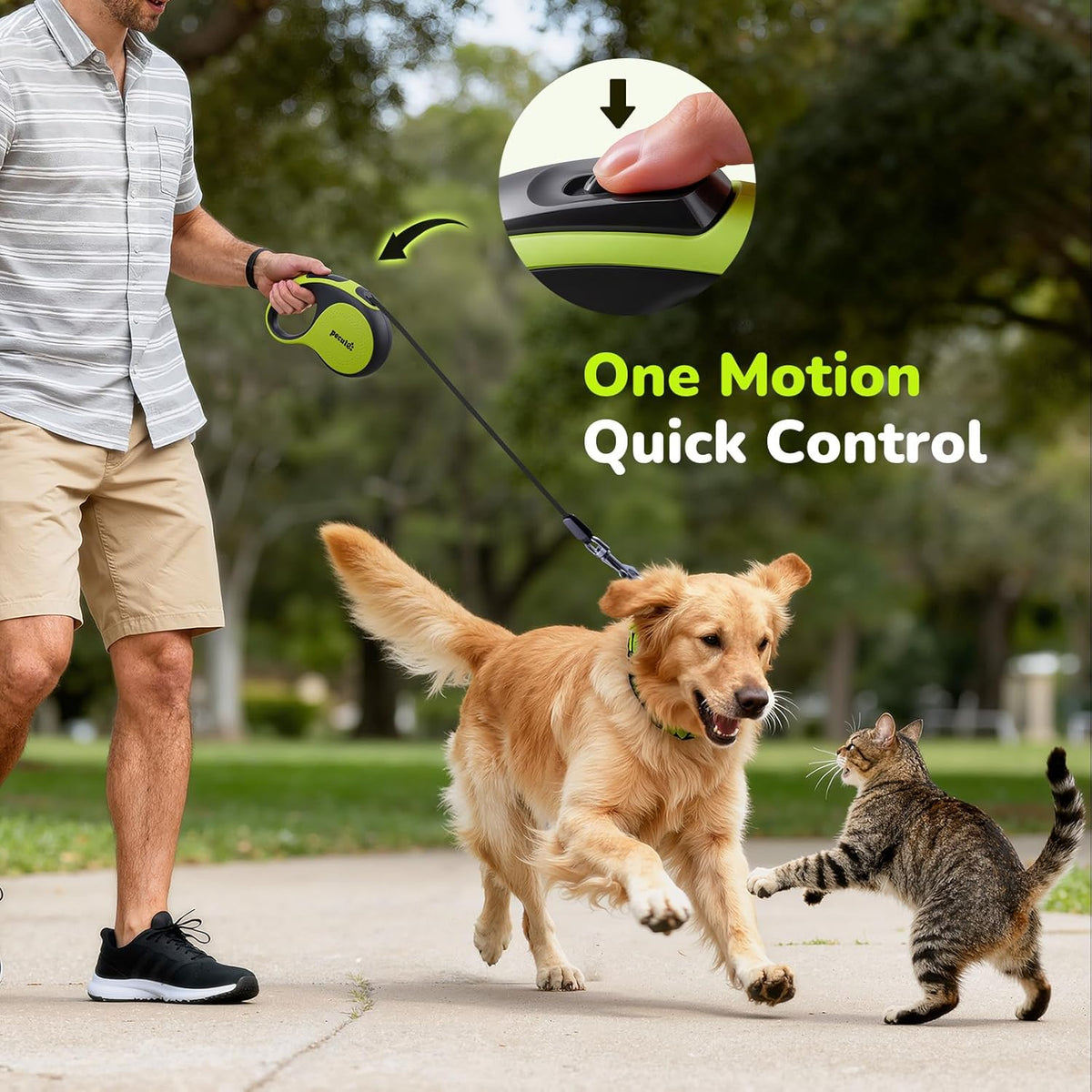 5M Retractable Dog Lead with Chew-Proof Cable, One-Button Control & Tangle-Free, Sturdy Nylon Lead with Reflective Strips, Ergonomic Handle, Extendable Dog Lead for Medium Large Dogs up to 50 Kg