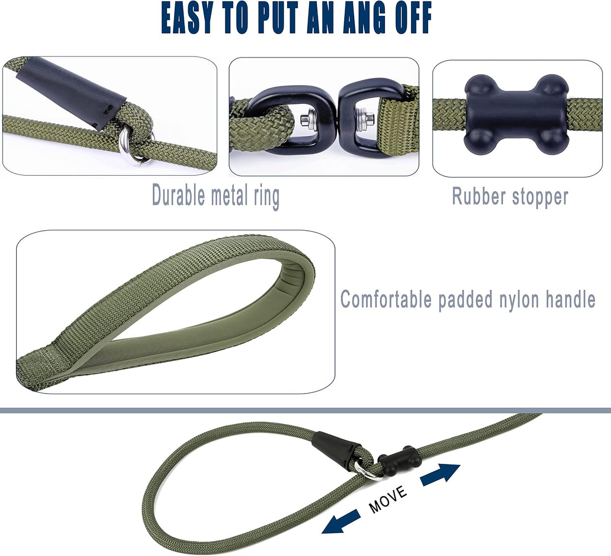 Slip Lead Dog Leash Strong Nylon Rope Leash with Comfortable Handles and Walking Training Lead for Small Medium Large Dogs (Army Green, 1/2"×6Ft)
