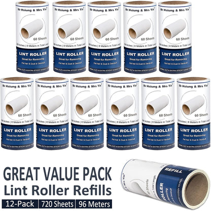 720 Sheets Lint Roller Refills (12 Pack) – Extra Sticky Refills for Lint Roller, Clothes & Pet Hair Removal, Dog Hair Remover, Lint Brush – Value Pack, Great Value for Money