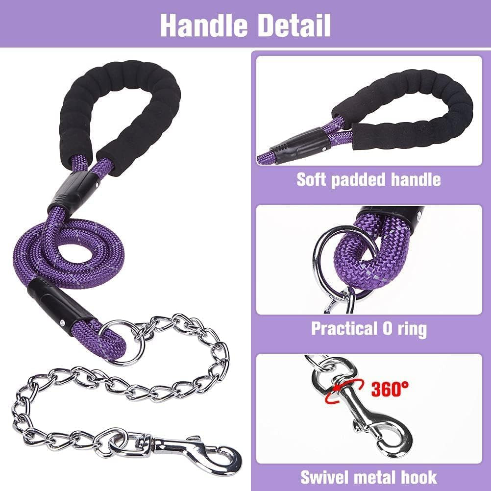anti Chew Dog Lead - Heavy Duty Rope Dog Leash with No Bite Chain and Soft Padded Handle, No Tangle Strong Leash with Reflective Threads